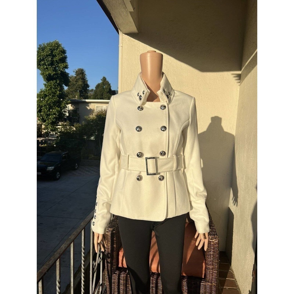 Black Rivet Women’s White Pea Coat Belted Buttons Xs